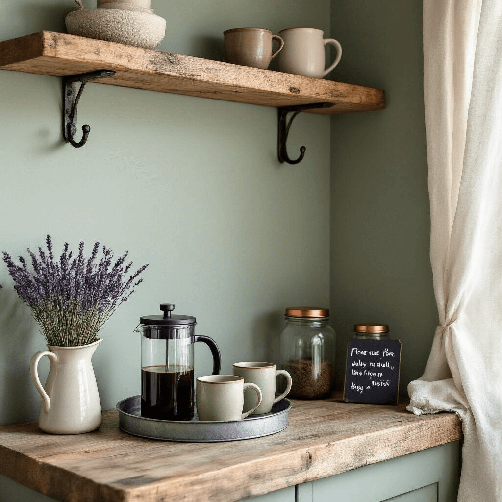 Why I Built the Perfect Farmhouse Coffee Bar (And How You Can Too) A cozy coffee nook with reclaimed wood floating shelves on a sage green wall, featuring a French press, hand-thrown ceramic mugs, dried lavender in a vintage pitcher, and soft morning light illuminating dark roasted coffee beans in glass jars, alongside a minimalist chalkboard and cast iron hooks with linen tea towels.