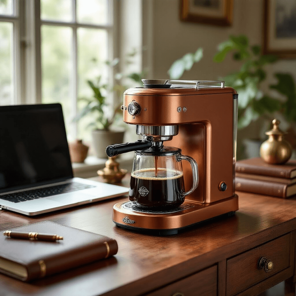 The Ultimate Guide to Finding Your Perfect Coffee Maker for Every Home and Budget An elegant home office workspace featuring a copper-finished Technivorm Moccamaster KBT on a wooden console table, with soft natural light, a thermal carafe of coffee, leather-bound notebooks, vintage brass desk accessories, a modern laptop, and architectural plants, all showcasing a sophisticated and design-conscious aesthetic.