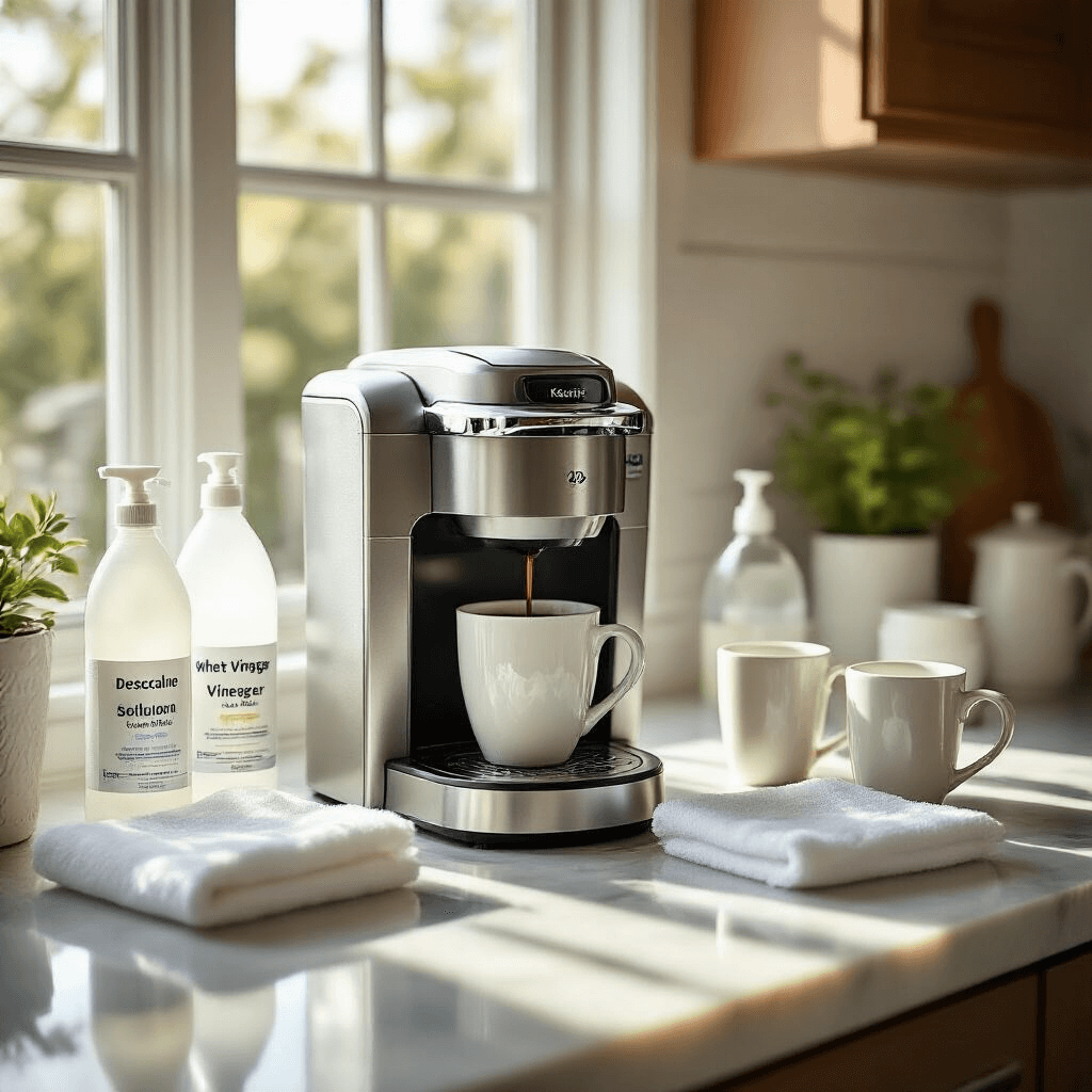 How to Descale Your Keurig Coffee Maker: A Complete Guide to Better-Tasting Coffee A pristine sunlit kitchen countertop featuring a gleaming silver Keurig coffee maker surrounded by descaling solution, white vinegar, microfiber cloths, and ceramic mugs, with soft morning light casting shadows on polished marble, showcasing water droplets on the machine and neatly arranged cleaning tools.