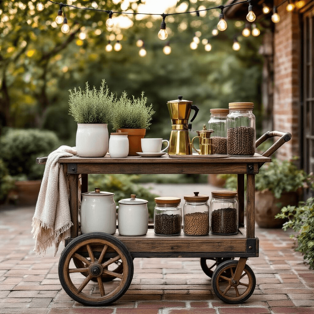 Why I Built the Perfect Farmhouse Coffee Bar (And How You Can Too) A rustic rolling coffee cart with vintage wooden wheels on a weathered brick patio, featuring Rae Dunn style ceramic containers in white and terracotta, a small potted rosemary plant, and precise arrangements of brass espresso tools. Soft ambient glow from overhead string lights, a woven throw draped over the handle, a natural linen runner, aged brass accessories, and glass canisters with wooden lids holding various coffee beans complete the cozy setup.