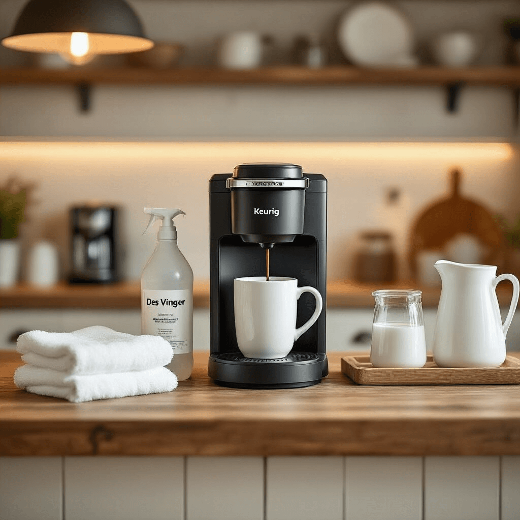 How to Descale Your Keurig Coffee Maker: A Complete Guide to Better-Tasting Coffee A cozy kitchen scene featuring a modern Keurig machine on a rustic wooden countertop, surrounded by cleaning supplies like white vinegar, descaling solution, a water pitcher, and white towels, under soft overhead lighting. The background is softly blurred, showcasing warm wood tones and a muted color palette.