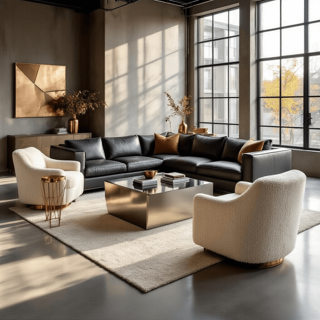 Metal Coffee Tables: The Game-Changing Centerpiece Your Living Room Desperately Needs A luxurious industrial-style living room featuring a stainless steel and glass coffee table, charcoal gray leather sectional, and cream bouclé armchairs, with warm golden hour sunlight filtering through large windows onto polished concrete floors, accented by copper plant stands and geometric wall art in a sophisticated neutral color palette.