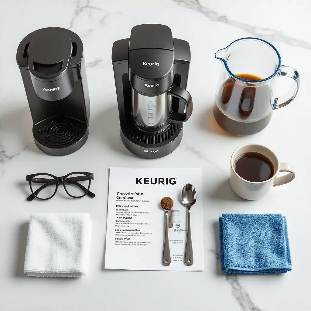 How to Descale Your Keurig Coffee Maker: A Complete Guide to Better-Tasting Coffee Overhead view of a professional coffee equipment maintenance setup featuring a Keurig descaling kit, including commercial descaling solution, filtered water pitcher, large ceramic mug, microfiber cloths, and an instruction guide, all arranged on a marble surface with soft natural lighting.