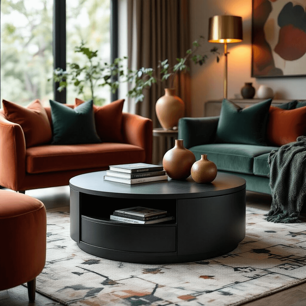 Metal Coffee Tables: The Game-Changing Centerpiece Your Living Room Desperately Needs An intimate modern living space with a round matte black coffee table, plush geometric-patterned rug, warm ambient lighting from brass lamps, and a mix of wooden and velvet seating in deep emerald and terracotta tones, decorated with oversized ceramic vases, art books, and trailing plants.