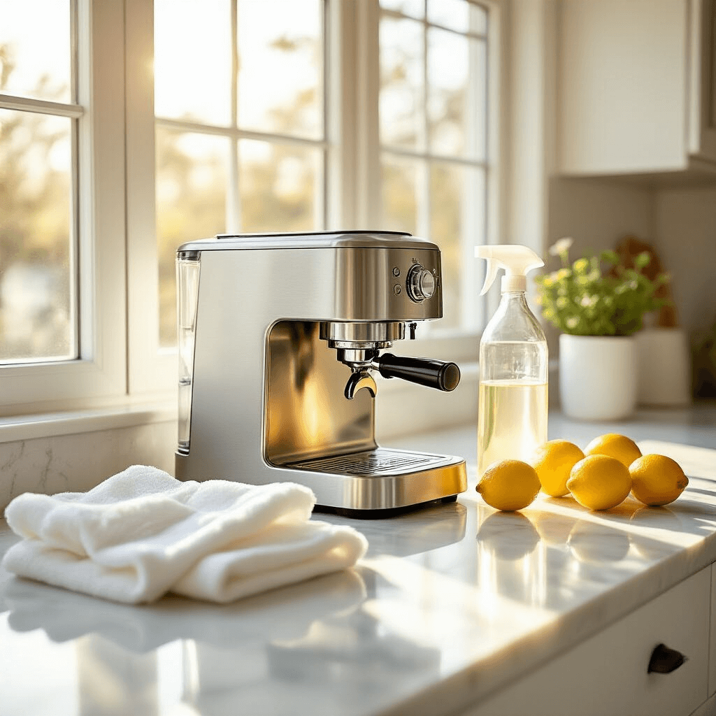 The Ultimate Guide to Coffee Machine Cleaning: Keep Your Brew Fresh and Your Machine Happy A bright, minimalist kitchen scene featuring a white marble countertop, gleaming stainless steel coffee machine being cleaned, and sunlight illuminating cleaning tools like microfiber cloths, a bottle of white vinegar, and fresh lemons, creating a serene atmosphere.