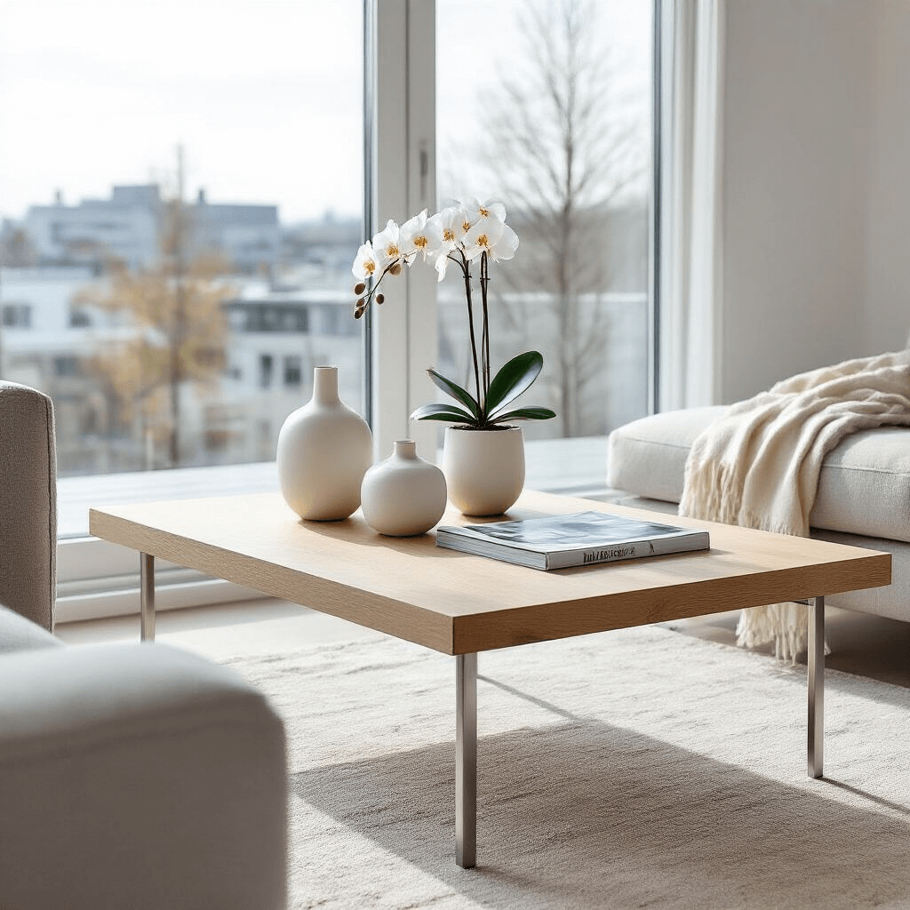 Metal Coffee Tables: The Game-Changing Centerpiece Your Living Room Desperately Needs A Scandinavian-inspired living room featuring a mixed-material coffee table with aluminum legs and a light oak top, styled with white ceramics, an orchid, and a magazine, bathed in soft natural light from large windows overlooking a minimalist urban landscape.