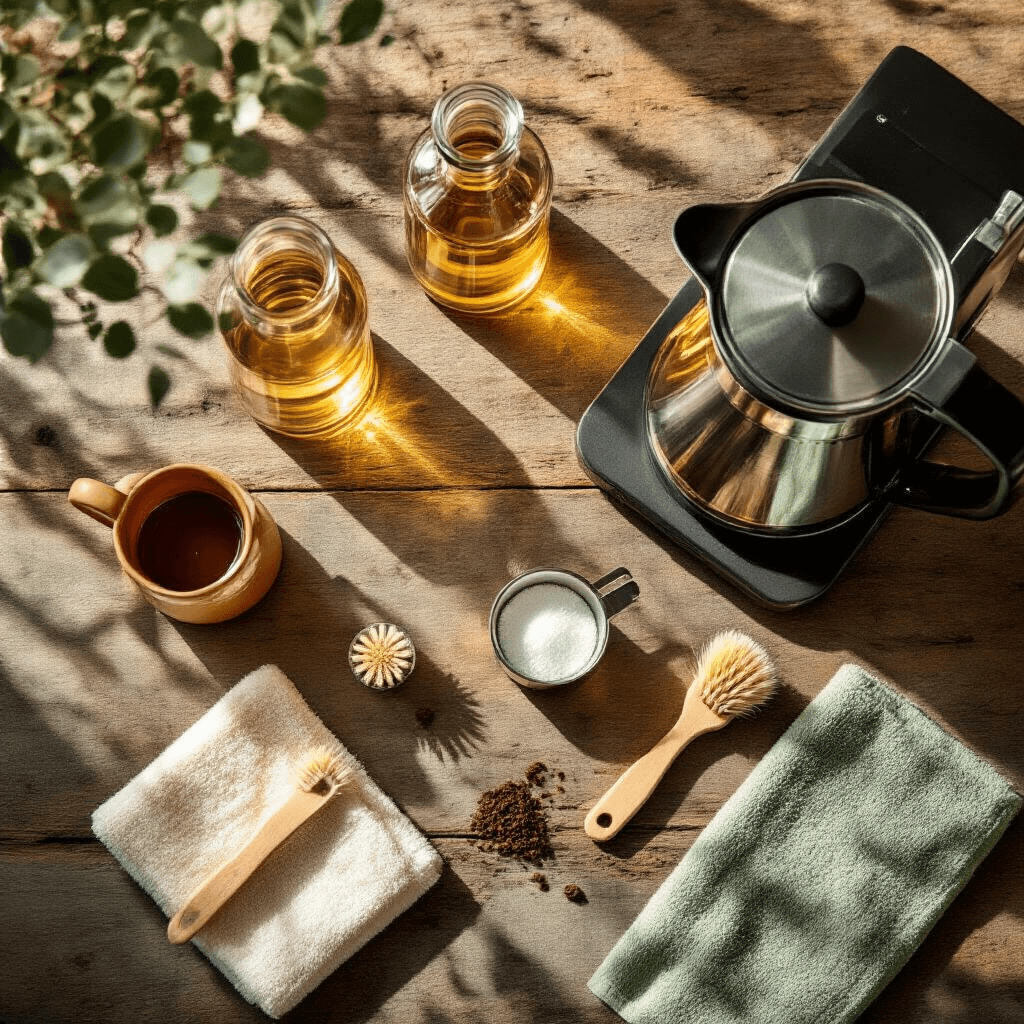 The Ultimate Guide to Coffee Machine Cleaning: Keep Your Brew Fresh and Your Machine Happy An artistic overhead flat lay of coffee machine descaling tools on a rustic wooden surface, featuring glass containers of white vinegar and commercial descaling solution, a measuring cup, soft cleaning cloths, a small brush, and a carafe, all in warm terracotta and sage green tones with dramatic side lighting.