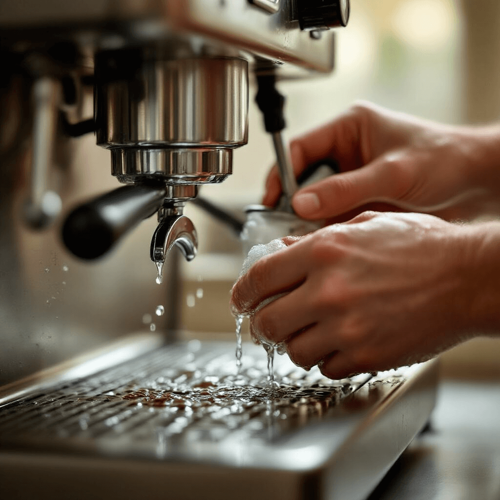 The Ultimate Guide to Coffee Machine Cleaning: Keep Your Brew Fresh and Your Machine Happy Close-up of hands meticulously cleaning intricate components of a coffee machine, with soft, diffused natural light highlighting water droplets on stainless steel surfaces. The background is blurred, showcasing the precision of detailed maintenance in muted beige and soft gray tones.