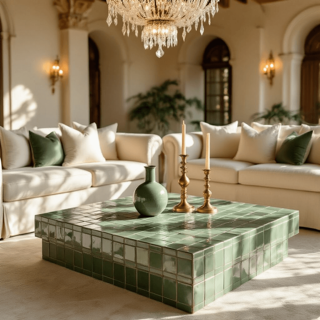 Why Tiled Coffee Tables Are the Perfect Blend of Art and Function (And How to Find Yours) A luxurious indoor ballroom bathed in golden hour light, with a geometric tiled coffee table at the center, surrounded by ivory linen sofas and brass candlesticks, adorned with a contemporary vase and illuminated by crystal chandeliers.