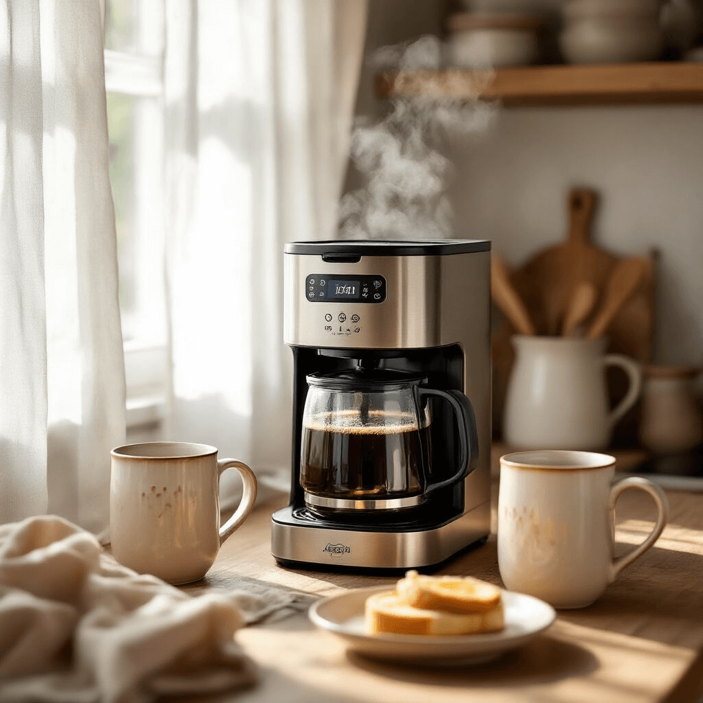 The Best Coffee Makers at Walmart: Your Complete Guide to Finding the Perfect Brew A cozy kitchen scene with a programmable drip coffee maker emitting steam, warm light through sheer curtains, wooden farmhouse details, vintage ceramic mugs, and a soft blush and cream color palette, featuring an overhead view of a carefully arranged breakfast.
