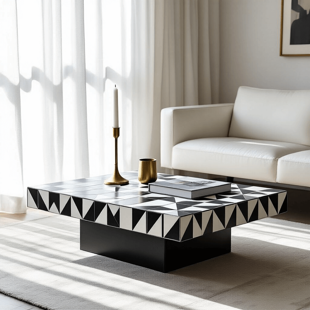 Why Tiled Coffee Tables Are the Perfect Blend of Art and Function (And How to Find Yours) A modern minimalist living space with a geometric patterned coffee table in black and white, featuring a brass candlestick and an art book, illuminated by soft morning light against a backdrop of sheer white drapery and a low-profile white leather sofa.