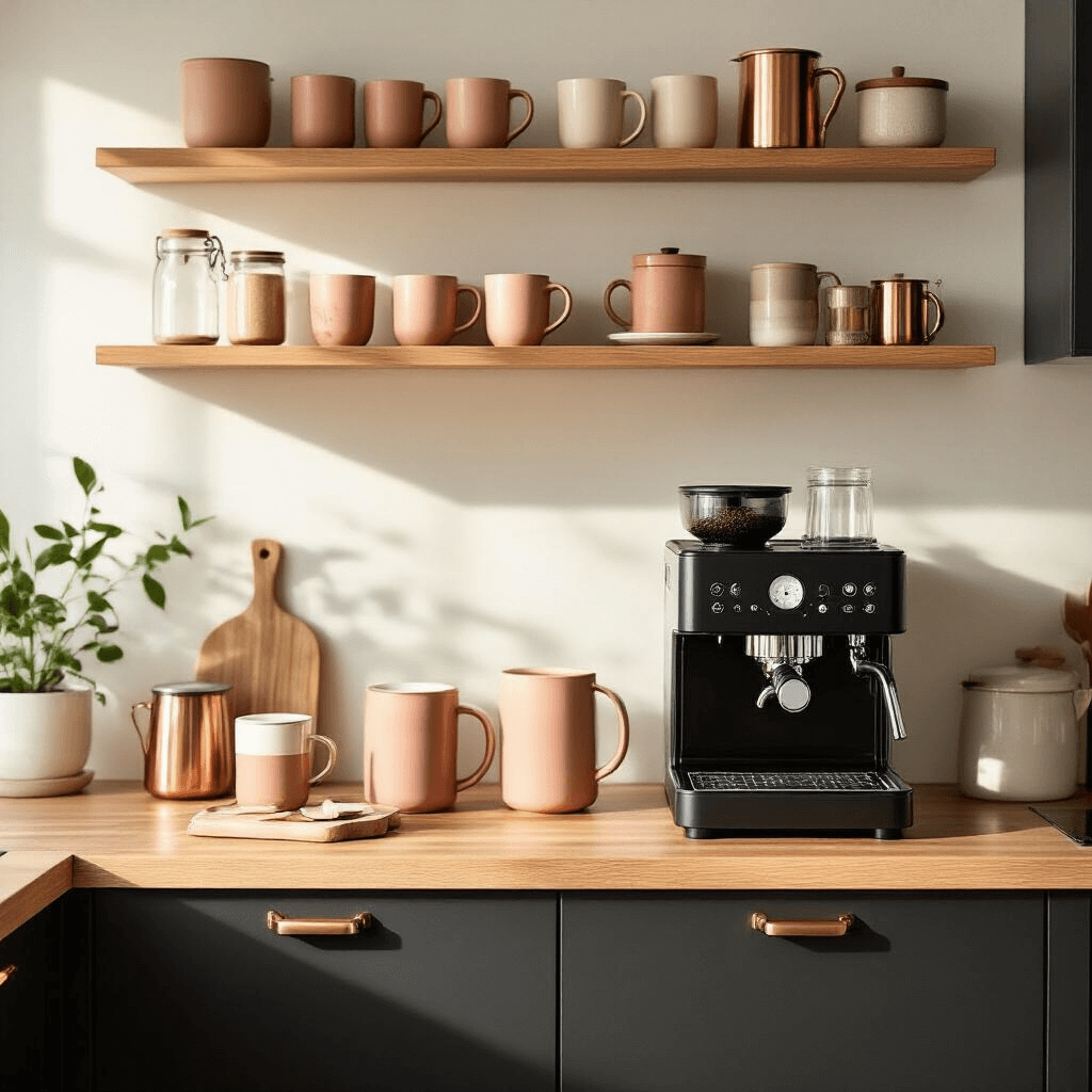 Transform Your Kitchen with IKEA Coffee Station Ideas That Actually Work A meticulously styled IKEA coffee station in a modern kitchen features a matte black espresso machine on a butcher block countertop, surrounded by blush and terracotta ceramic mugs, with copper and wood accessories. Floating HAAGAN shelves above display organized coffee accessories in soft morning light.