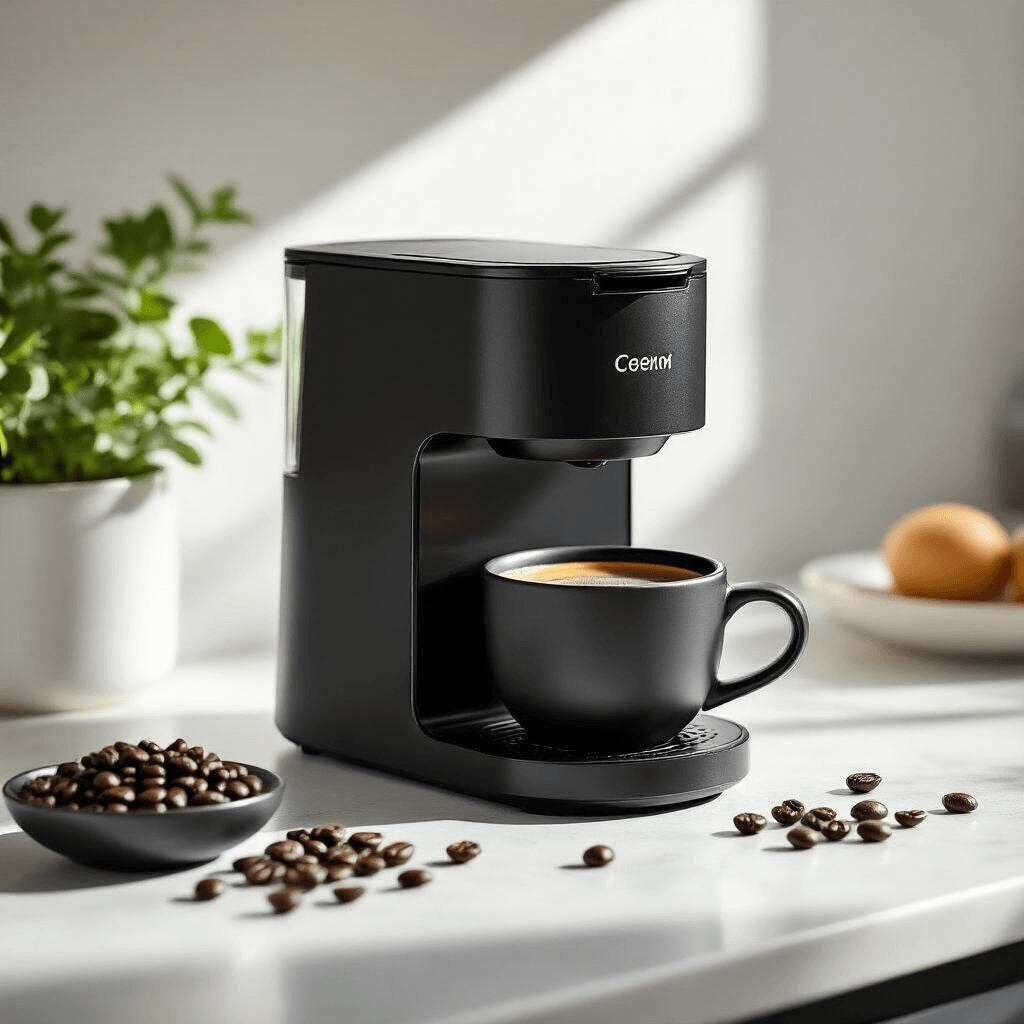 The Best Coffee Makers at Walmart: Your Complete Guide to Finding the Perfect Brew A modern minimalist kitchen featuring a sleek black single-serve coffee maker on white countertops, with a matte black ceramic mug of coffee, fresh coffee beans scattered around, and morning sunlight creating soft shadows.