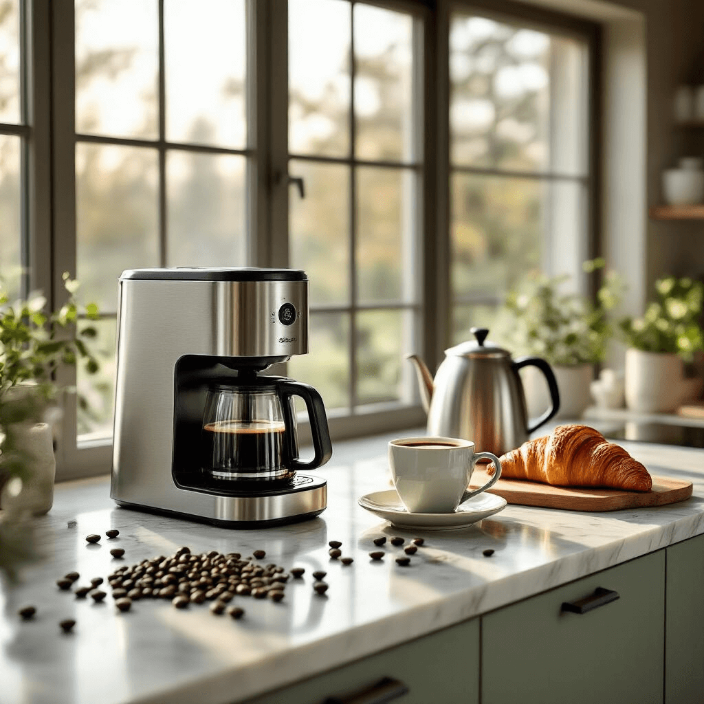 Why I'll Never Go Back to Plastic Coffee Makers (And You Shouldn't Either) Photorealistic modern kitchen countertop featuring a stainless steel coffee maker, pristine marble surfaces, artisan coffee beans, polished kettle, rich espresso in a porcelain cup, croissant on a wood cutting board, and soft morning light in muted earth tones.