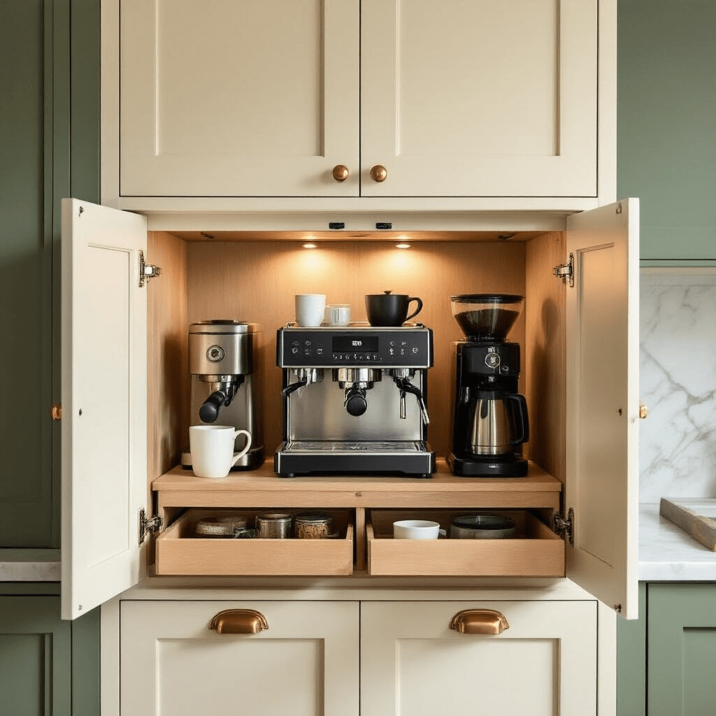 Transform Your Kitchen with IKEA Coffee Station Ideas That Actually Work An intimate coffee nook featuring a cream-colored SEKTION cabinet with brass hardware, slightly ajar to reveal organized coffee equipment, including an espresso machine and grinder on pull-out wooden shelves, illuminated by soft LED lighting against sage green walls and a marble countertop.