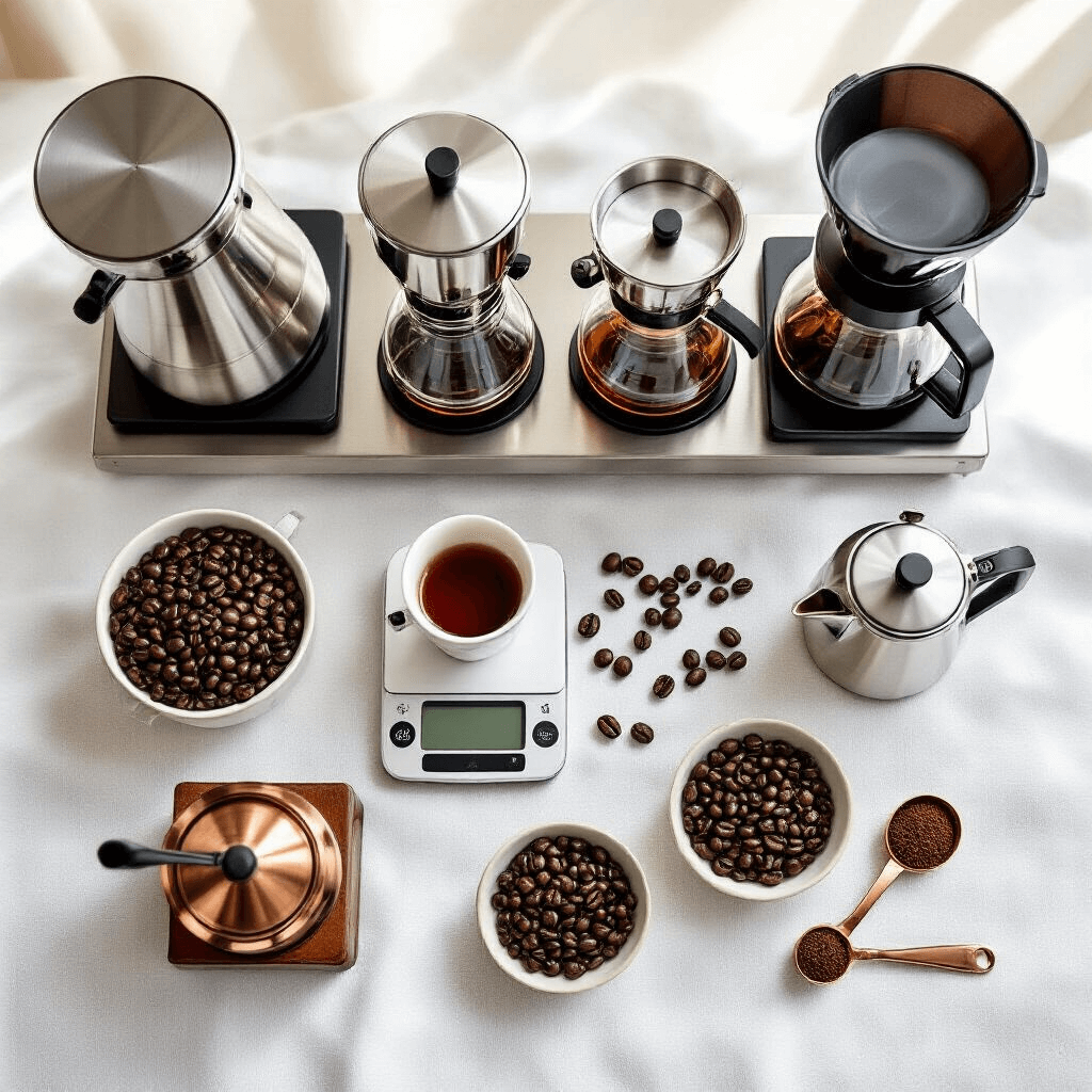Why I'll Never Go Back to Plastic Coffee Makers (And You Shouldn't Either) Overhead view of a professional coffee brewing station featuring stainless steel coffee makers, a detailed pour-over setup, a digital scale, a copper grinder, ceramic containers with fresh coffee beans, and a white linen backdrop, all styled with soft natural lighting and a metallic and neutral color palette.