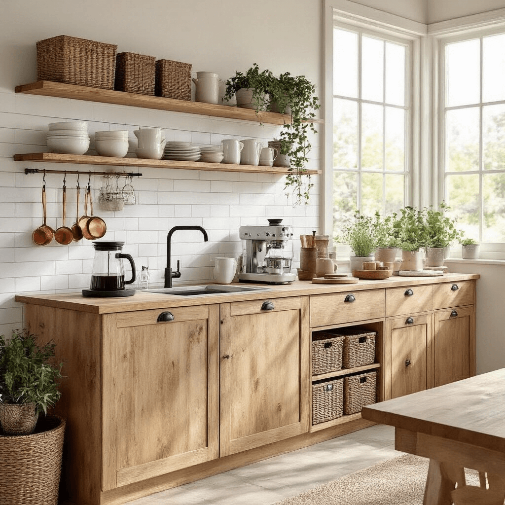 Transform Your Kitchen with IKEA Coffee Station Ideas That Actually Work A bright, airy kitchen coffee bar featuring a HAVSTA wooden cabinet system, custom butcher block countertop with a small sink, and a curated coffee setup with a French press and artisan mugs, surrounded by natural wood tones and potted herbs.