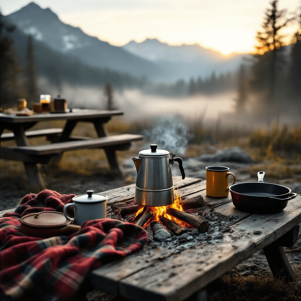 Why I'll Never Go Back to Plastic Coffee Makers (And You Shouldn't Either) A rustic camping scene featuring a vintage stainless steel percolator over an open campfire on a rugged wooden picnic table, with a misty mountain landscape in the background illuminated by early morning golden hour light, surrounded by worn leather camping accessories, a cast iron skillet, weathered enamel mugs, and a plaid wool blanket, showcasing rich textural details that evoke outdoor brewing authenticity.