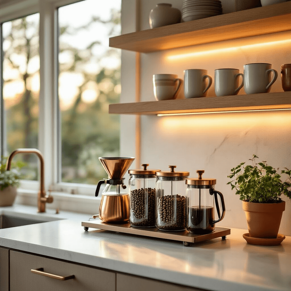 Want to transform your kitchen corner into a sophisticated coffee haven? A sophisticated home coffee bar featuring a warm white quartz countertop, a sleek rolling cart, glass canisters of coffee beans, and copper pour-over equipment, illuminated by soft natural light filtering through large windows during golden hour, with white oak floating shelves displaying artisan ceramic mugs and a potted herb in a terracotta planter.