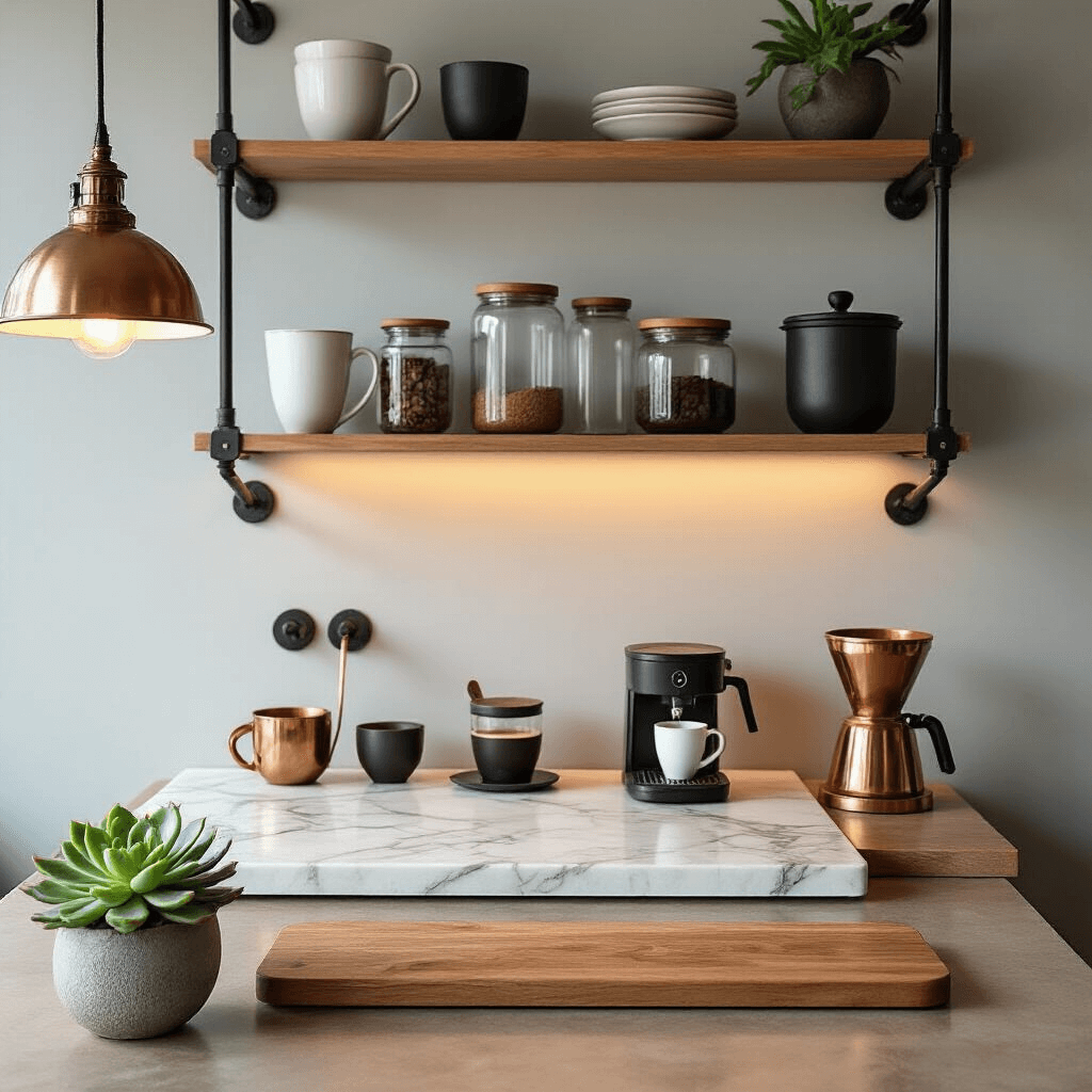 Want to transform your kitchen corner into a sophisticated coffee haven? Intimate coffee nook in a modern apartment featuring a marble pastry board, industrial metal shelving with white oak brackets, vintage copper espresso tools, glass canisters, a single succulent, and soft gray walls illuminated by a warm pendant light.