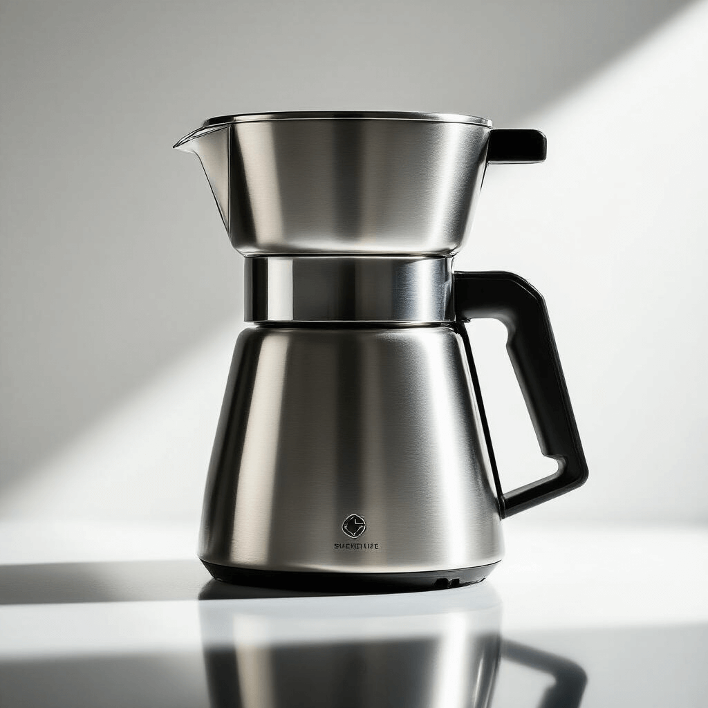 Why I'll Never Go Back to Plastic Coffee Makers (And You Shouldn't Either) Close-up of a Swedish stainless steel coffee maker showcasing precision engineering, dramatic lighting, and minimalist design against a pure white backdrop.