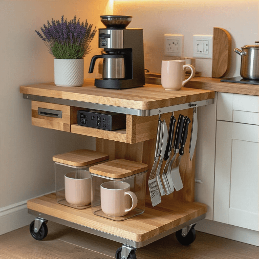 Want to transform your kitchen corner into a sophisticated coffee haven? Compact kitchen corner featuring a stylish coffee station on a rolling cart with a butcher block surface, glass storage containers, a stainless steel coffee grinder, and a magnetic knife strip. Accented by a small potted lavender, warm LED under-cabinet lighting, and a vintage blush ceramic mug, all in a neutral color palette with natural wood tones.