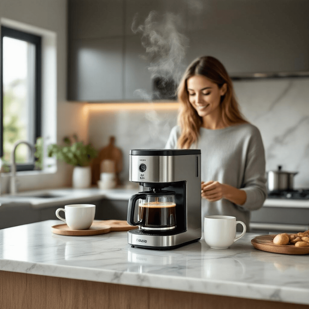 Why I'll Never Go Back to Plastic Coffee Makers (And You Shouldn't Either) A young professional prepares morning coffee in a modern kitchen, featuring a stainless steel coffee maker as the centerpiece, contemporary marble countertops, and designer accessories, with soft natural light illuminating the space and steam rising from the freshly brewed coffee.