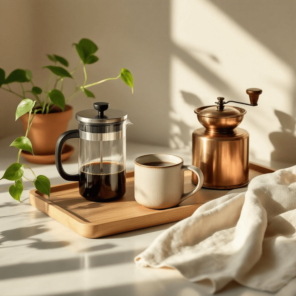 Creating Your Perfect Small Coffee Corner: A Complete Guide to Morning Bliss A serene morning coffee corner featuring a minimalist wooden tray with a sleek French press, hand-thrown ceramic mug, vintage copper burr grinder, and a cream-colored linen towel, accompanied by a pothos plant and an airtight glass coffee bean container, all bathed in soft golden sunlight.