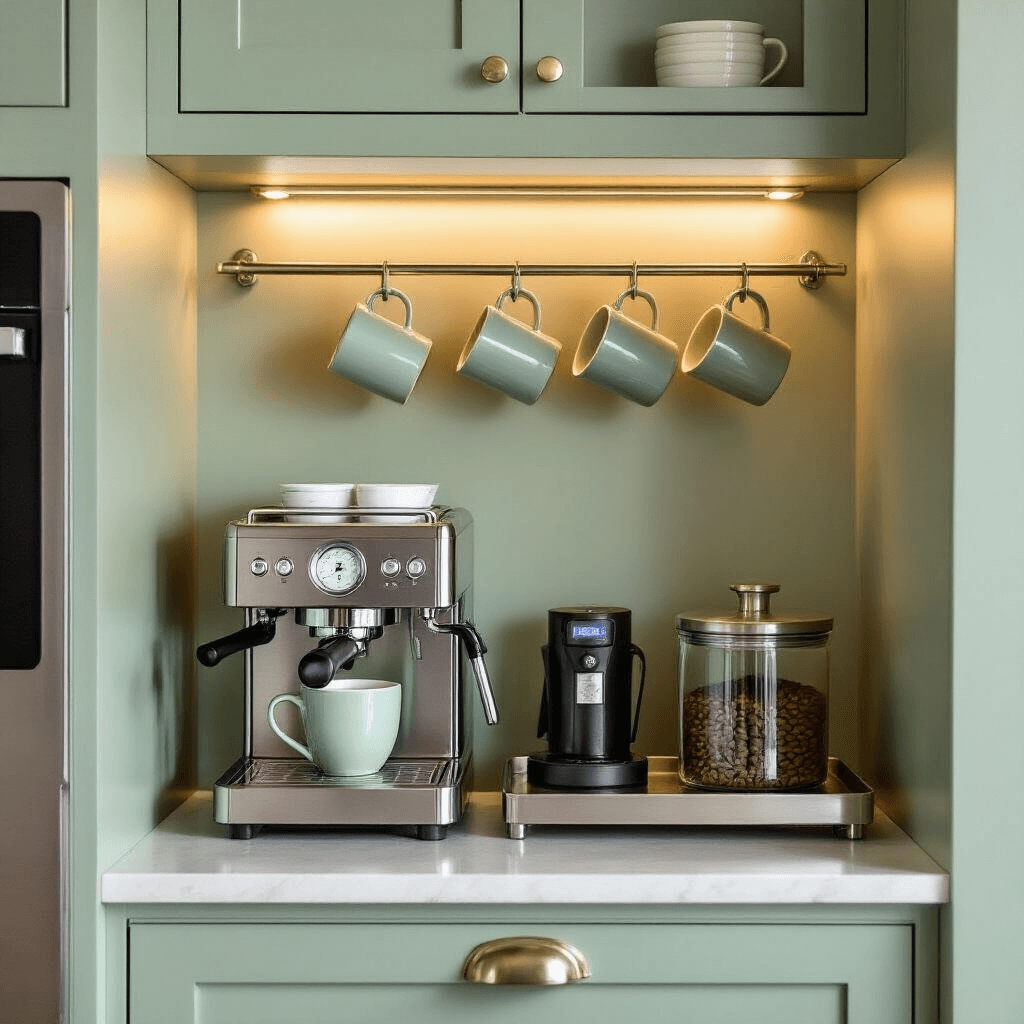 Creating Your Perfect Small Coffee Corner: A Complete Guide to Morning Bliss A compact coffee station in a narrow kitchen nook, featuring a slim rolling cart with stainless steel accents, a wall-mounted mug rack with ceramic mugs, a countertop with an espresso machine and digital scale, a glass container of coffee beans, and warm LED lighting.