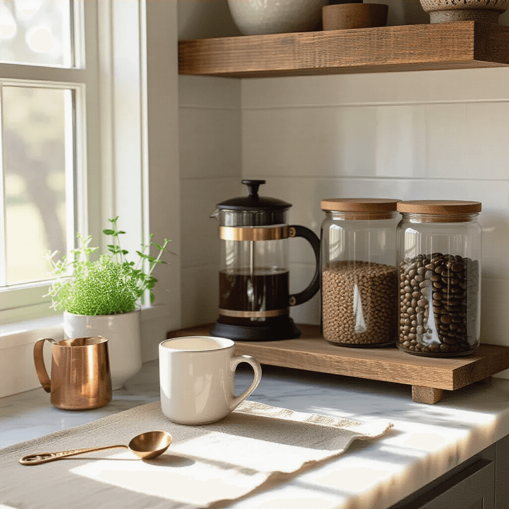 Creating Your Perfect Small Coffee Corner: A Complete Guide to Morning Bliss Rustic wooden shelf coffee corner above a marble countertop, featuring a handcrafted French press, vintage brass measuring spoon, and potted herb, with airtight glass containers of coffee beans, a minimalist white mug, copper milk frother, and a framed coffee quote, all illuminated by soft morning light.