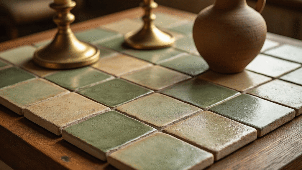 Why Tiled Coffee Tables Are the Perfect Blend of Art and Function (And How to Find Yours) Cinematic close-up of a handcrafted coffee table featuring earthenware tiles in moss and wheat tones, showcasing geometric patterns with warm lighting highlighting their textures and imperfections, complemented by a soft focus brass candlestick and ceramic vase in the background.