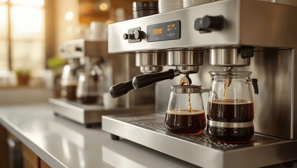 BUNN Commercial Coffee Makers: Your Complete Guide to High-Volume Brewing Excellence Cinematic close-up of a stainless steel BUNN VPR commercial coffee maker with steaming decanters of dark coffee, illuminated by warm golden light against a clean white counter in a professional kitchen setting.