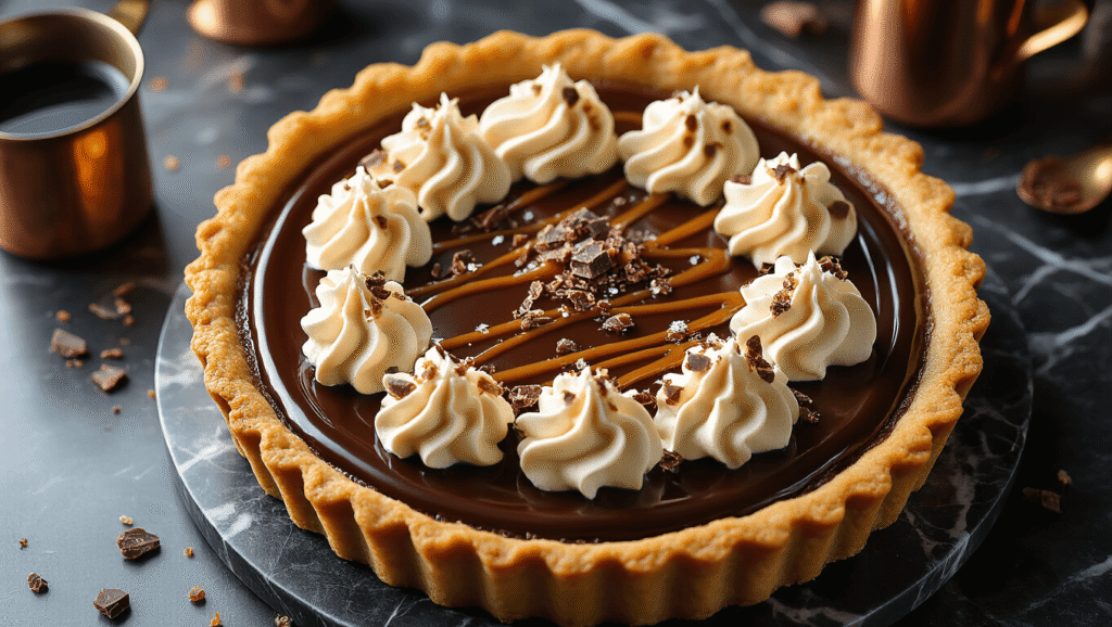 Caramel Espresso Tart: Rich Coffee-Chocolate Dessert with Salted Caramel Cinematic overhead view of an elegant caramel espresso tart with a dark chocolate ganache and salted caramel, set on a dark marble surface, featuring a golden fluted crust, espresso whipped cream dollops, and dark chocolate shavings, enhanced by warm amber lighting and a vintage copper saucepan in the background.