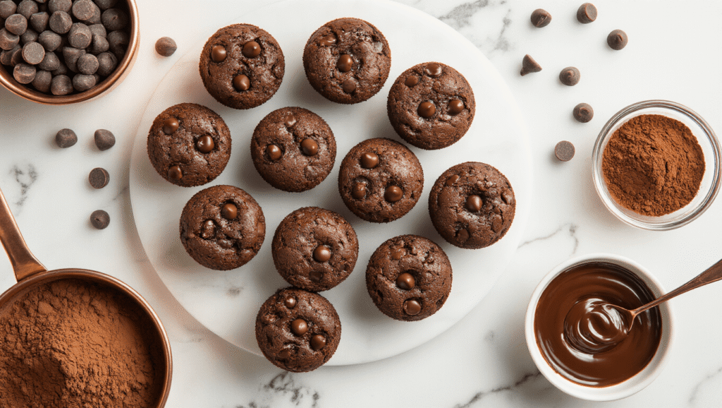 Coffee Brownie Bites: The Fudgy Espresso-Chocolate Fix You Can Make in 30 Minutes Cinematic overhead view of mini coffee brownie bites on a white marble countertop, surrounded by chocolate chips, cocoa powder, instant espresso powder, and melted chocolate, with warm golden hour lighting and a cozy kitchen atmosphere.