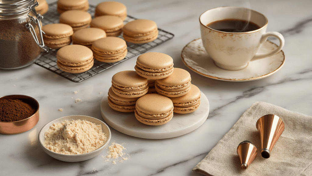 Coffee Macarons: The Only Recipe You'll Ever Need A cinematic overhead view of coffee-colored macarons with creamy buttercream on a marble countertop, accompanied by espresso powder, almond flour, and kitchen tools, all bathed in warm golden hour lighting.
