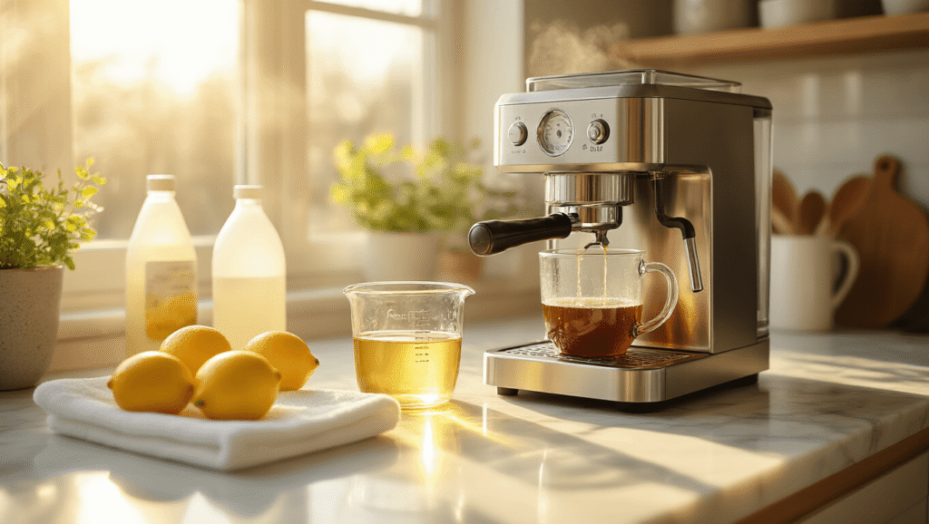 The Ultimate Guide to Coffee Machine Cleaning: Keep Your Brew Fresh and Your Machine Happy Cinematic close-up of a stainless steel coffee machine on a white marble countertop, featuring a glass measuring cup of vinegar, cleaning cloths, lemons, and steam rising, illuminated by warm sunlight for a clean and inviting kitchen atmosphere.