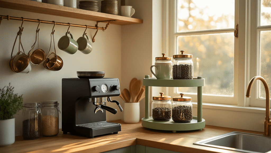Small Space Coffee Station Ideas That Actually Work (No Counter Hogging Required) Overhead view of a cozy corner coffee station with sage green shelves, a matte black espresso machine, copper-lidded glass containers on a lazy susan, vintage brass hooks with ceramic mugs, and warm wood textures, all illuminated by golden morning light.