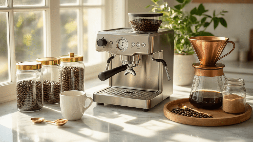 How I Transformed My Morning Chaos Into Coffee Station Bliss (And You Can Too) Elegant coffee station on a white marble countertop featuring a stainless steel espresso machine, glass canisters with gold lids, a copper pour-over dripper, vintage brass coffee scoop, a white ceramic mug, a reclaimed wood serving tray, and a mason jar of brown sugar, all illuminated by warm golden hour lighting with a fresh green plant adding a touch of vitality.