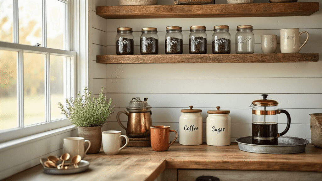 Why I Built the Perfect Farmhouse Coffee Bar (And How You Can Too) Cozy farmhouse kitchen coffee bar with reclaimed wood shelves, vintage mason jars, Rae Dunn canisters, copper French press, hand-thrown mugs, rosemary plant, and galvanized tray, bathed in golden morning light.
