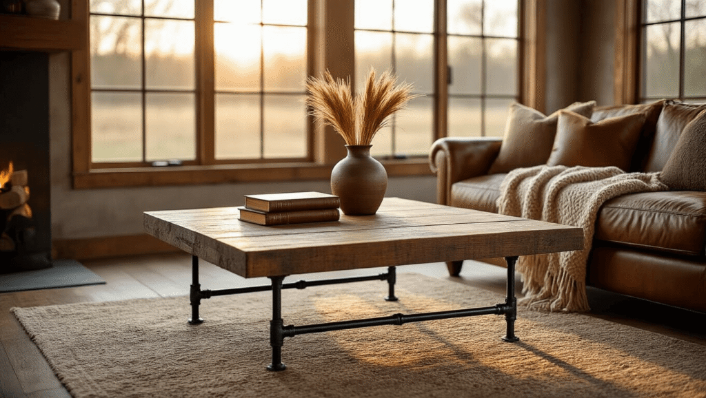 The Ultimate Guide to Farmhouse Coffee Tables: Rustic Charm Meets Modern Living Cinematic wide shot of a rustic farmhouse coffee table made of reclaimed wood with black metal legs, illuminated by warm golden hour light in a cozy living room, featuring vintage books, a ceramic vase with dried wheat, and a chunky knit throw.