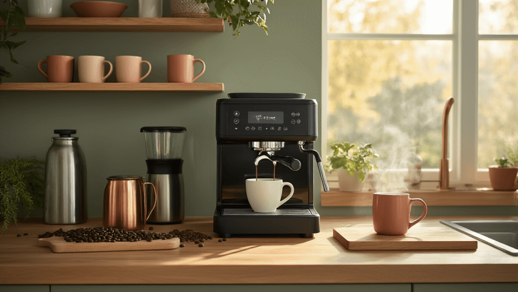 Transform Your Kitchen with IKEA Coffee Station Ideas That Actually Work Cinematic overhead shot of a modern IKEA coffee station with a matte black espresso machine, vacuum flask, and milk-frothing jug on a butcher block countertop, surrounded by ceramic mugs and copper accessories, bathed in warm morning light with steam rising from a fresh espresso cup.