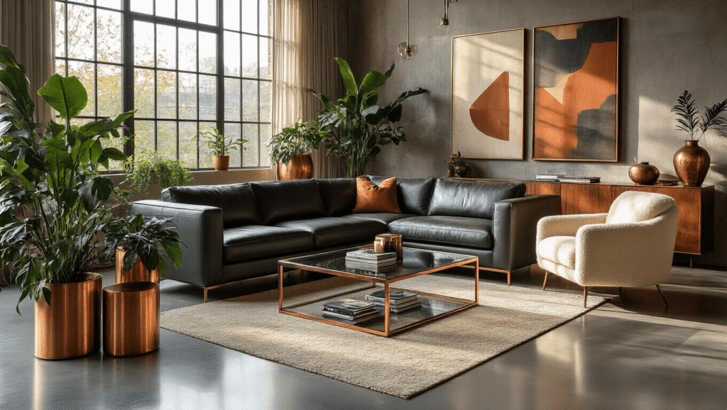 Metal Coffee Tables: The Game-Changing Centerpiece Your Living Room Desperately Needs Luxurious industrial-style living room with stainless steel and glass coffee table, charcoal gray leather sectional, cream bouclé armchairs, and warm sunlight casting shadows on polished concrete floors, accented by copper plant stands, geometric wall art, trailing plants, art books, and ambient brass lighting.