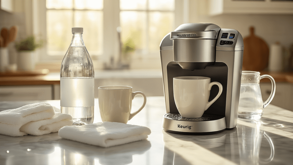 How to Descale Your Keurig Coffee Maker: A Complete Guide to Better-Tasting Coffee A bright kitchen with a silver Keurig coffee maker on a shiny marble countertop, surrounded by descaling supplies like vinegar, descaling solution, and a large mug, bathed in soft morning light.