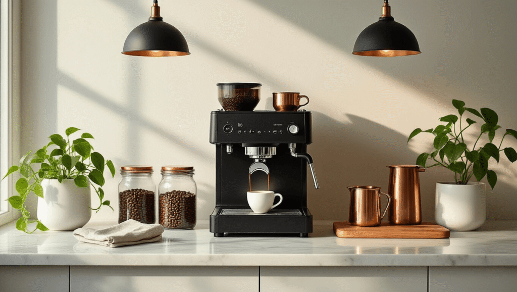 The Ultimate Guide to Creating an Instagram-Worthy Coffee Bar Aesthetic That Actually Works Elegant minimalist coffee bar featuring a matte black espresso machine on a white marble countertop, with glass jars of coffee beans, copper accessories, and green pothos plant, bathed in warm morning light.