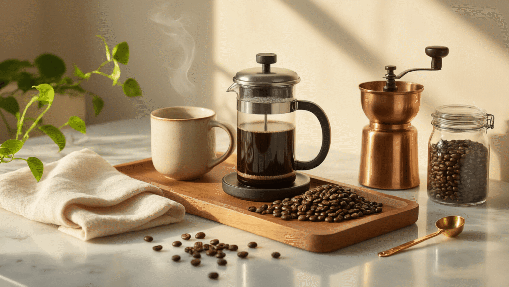 Creating Your Perfect Small Coffee Corner: A Complete Guide to Morning Bliss Minimalist coffee corner setup featuring a French press, ceramic mug, vintage copper grinder, and glass coffee container on a wooden tray, illuminated by soft morning sunlight.