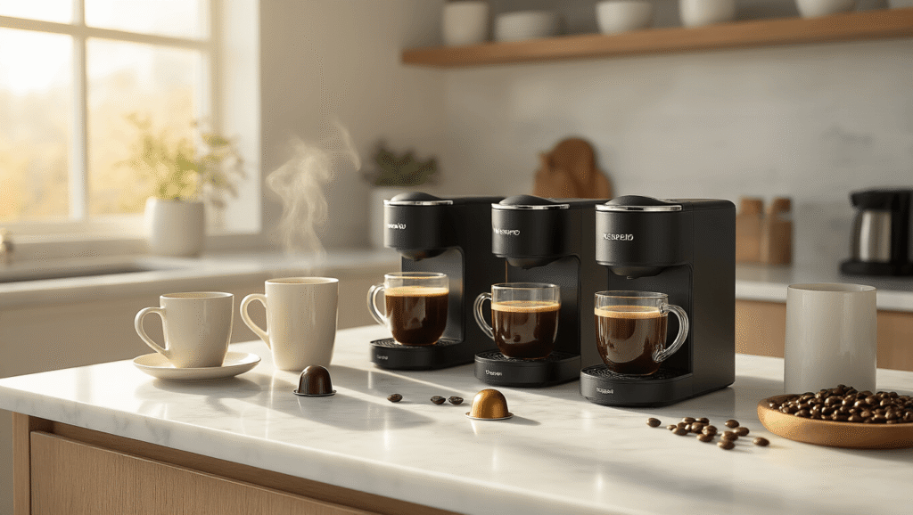 Why Your Tiny Kitchen Deserves the Perfect Small Coffee Maker (And How to Find It) Minimalist kitchen counter with sleek coffee makers, soft morning light, steam rising from ceramic mugs, scattered coffee pods and beans, polished white marble surface.