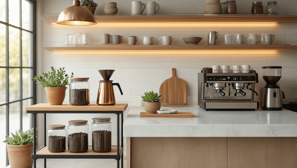 Want to transform your kitchen corner into a sophisticated coffee haven? Cinematic shot of a modern coffee bar featuring a warm white quartz countertop, sleek rolling cart, glass canisters of coffee beans, copper pour-over equipment, vintage ceramic mugs, and warm LED lighting, creating a cozy café atmosphere.