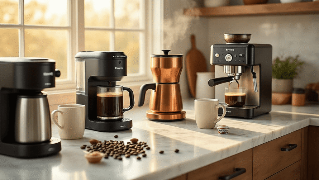 The Ultimate Guide to Finding Your Perfect Coffee Maker for Every Home and Budget Cinematic wide shot of a modern kitchen counter with various coffee makers, including a Keurig K-Supreme and Technivorm Moccamaster, on a white marble surface, bathed in warm golden hour light, highlighting a cozy coffee station setup with steaming mugs and brewing essentials.