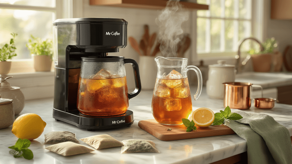 Mr. Coffee Iced Tea Maker: Why This $24 Kitchen Hero Changed My Summer Forever A golden-hour kitchen scene featuring a Mr. Coffee iced tea maker brewing tea, surrounded by tea bags, a condensation-covered glass pitcher filled with ice, fresh mint, and lemon slices on a wooden cutting board, all illuminated by warm sunlight on a marble countertop.