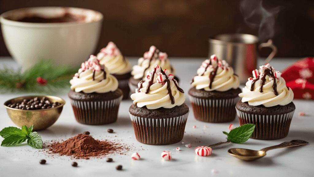 Peppermint Mocha Cupcakes: Rich Chocolate, Bold Coffee, Fresh Mint Cinematic overhead shot of rich dark chocolate peppermint mocha cupcakes topped with white buttercream swirls, candy canes, and chocolate drizzle on a marble countertop, surrounded by warm lighting, coffee granules, peppermint leaves, and vintage measuring spoons, evoking a cozy holiday atmosphere.